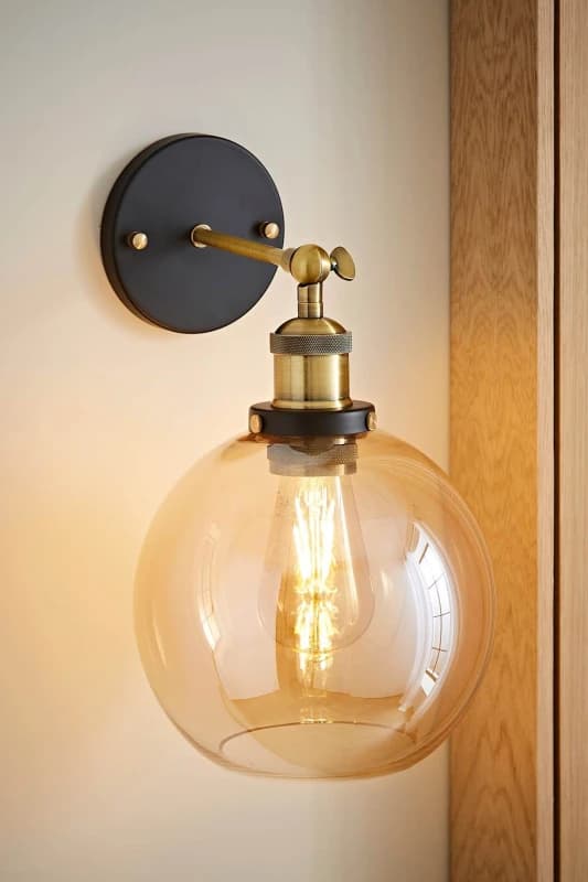ValueLights Sheridan Industrial Amber Glass Bowl Gold Trim Black Wall Light with LED Bulb Orange