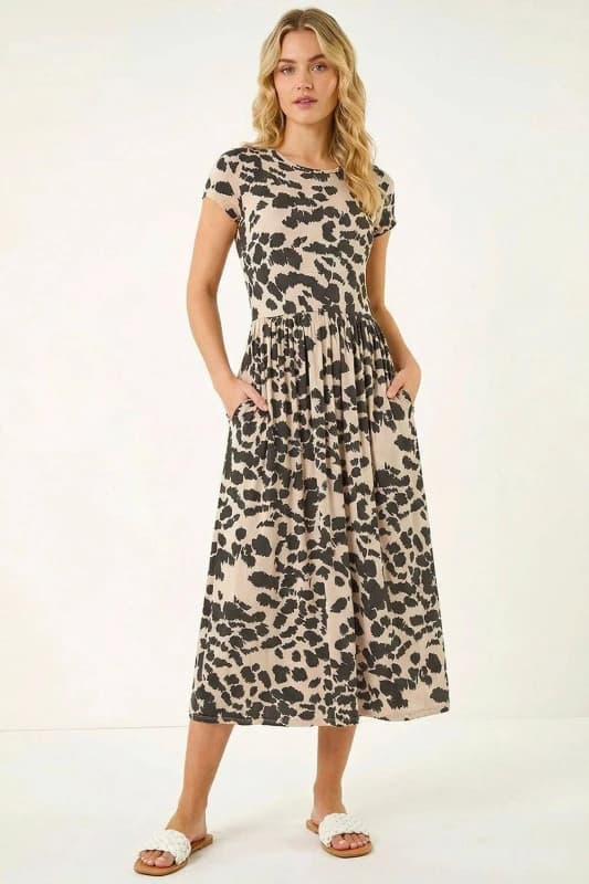 Roman Womens Abstract Print Stretch Midi Dress in Stone Size: 10 Stone Female 10