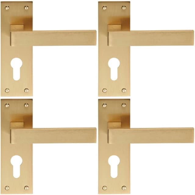 Loops 4x PAIR Straight Square Handle on Euro Lock Backplate 150 x 50mm Satin Brass Metallics