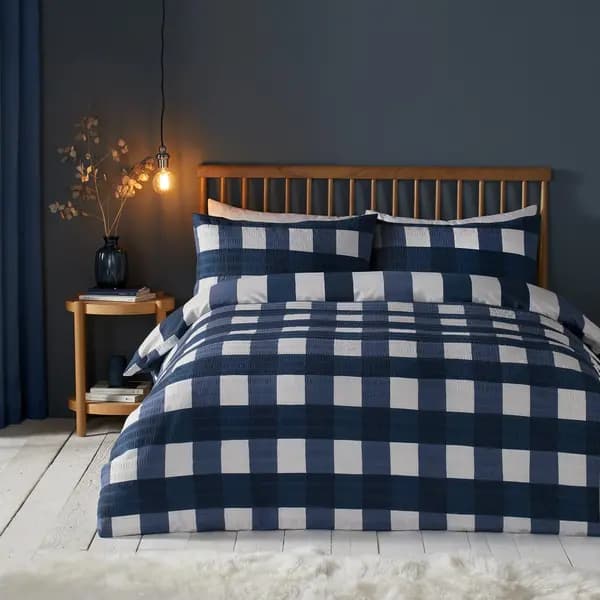 Fusion Snug Seersucker Gingham Check Navy Duvet Cover and Pillowcase Set Navy