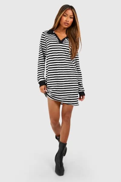 Textured Stripe Collared Mini Dress