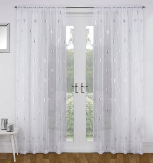 Tyrone Textiles Birch White Metallic Tree Print Linen-Look Voile Panel - Pair 140 X 122Cm (55X48")