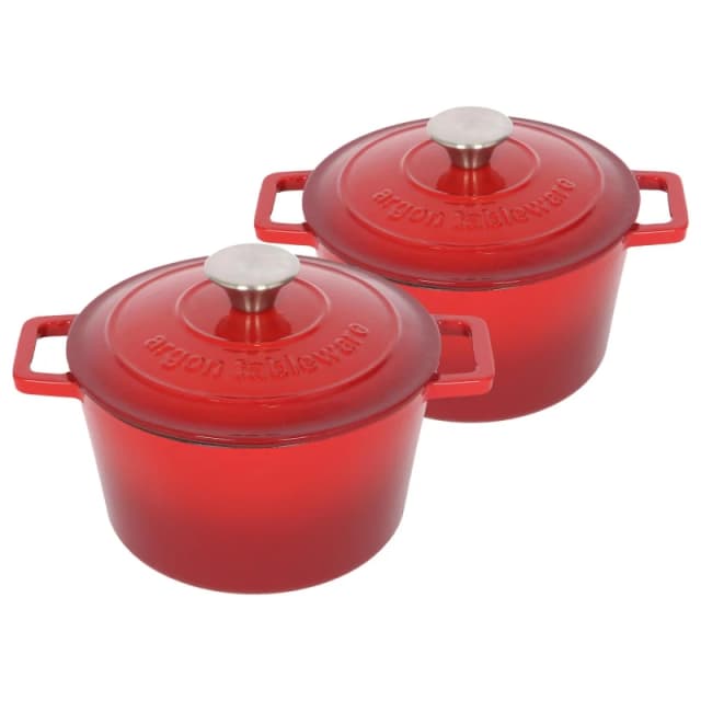 Argon Tableware 2x Round Cast Iron Casserole Dishes with Self Basting Lid - 2.8L in Red Red Unisex