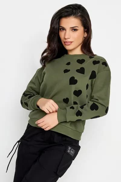 PixieGirl Petite Heart Print Sweatshirt Olive