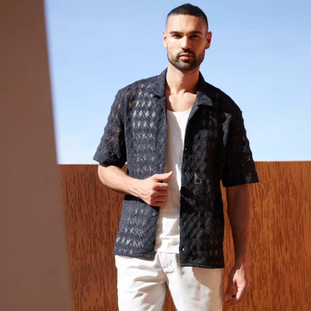 Threadbare 'Glass' Cotton Revere Collar Textured Short Sleeve Shirt Black