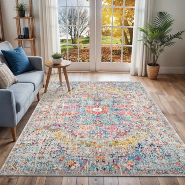 Livabliss Vintage Oriental Boho Teal/beige Lou Area Rug 200 X 275cm - Easy Care, Non Shedding, Ideal For Living Room & Bedroom