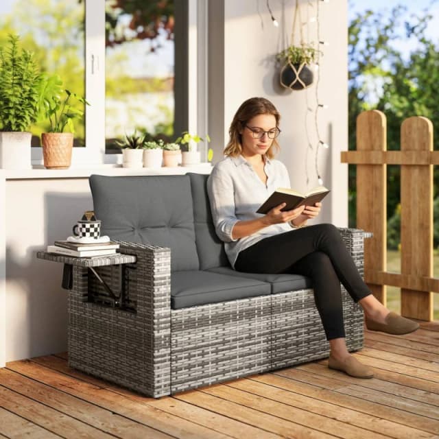 OUTSUNNY Rattan Garden Sofa with Hidden Side Trays 2 Seater, Dark Grey Size: 2 Seater Dark Grey Unisex 2 Seater