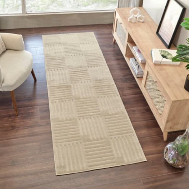 Livabliss In- & Outdoor 3D High & Low Pile Textured Beige Midori Runner Rug 80 X 230 Cm - Easy Care, Ideal For Hallway Or Beside The Bed