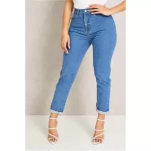 I Saw It First Mid Wash Roll Hem Mom Jeans - Blue