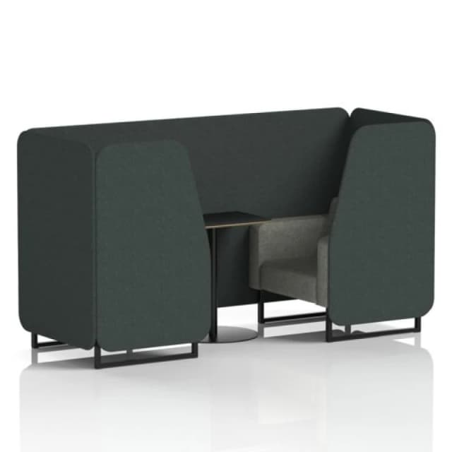 Brixworth 2 Seater Office Booth with Front Panel - Black Legs and Black Table with Black Leg in Rivet Fabric - Charcoal Panels and Vitreous Sofa