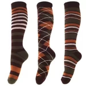 Mens Patterned Wellington Boot Socks (3 Pairs) (6-11 UK) (Brown)