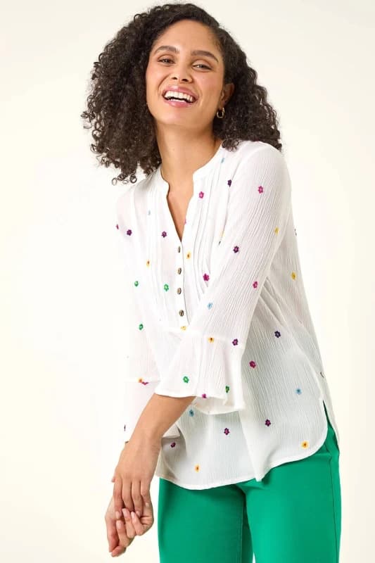 Roman Womens Floral Embroidered Buttoned Top in Ivory Size: 12 Ivory Female 12