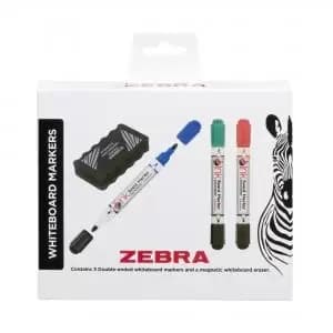 Zebra Double Ended Whiteboard Marker Assorted Pack 3 with Magnetic