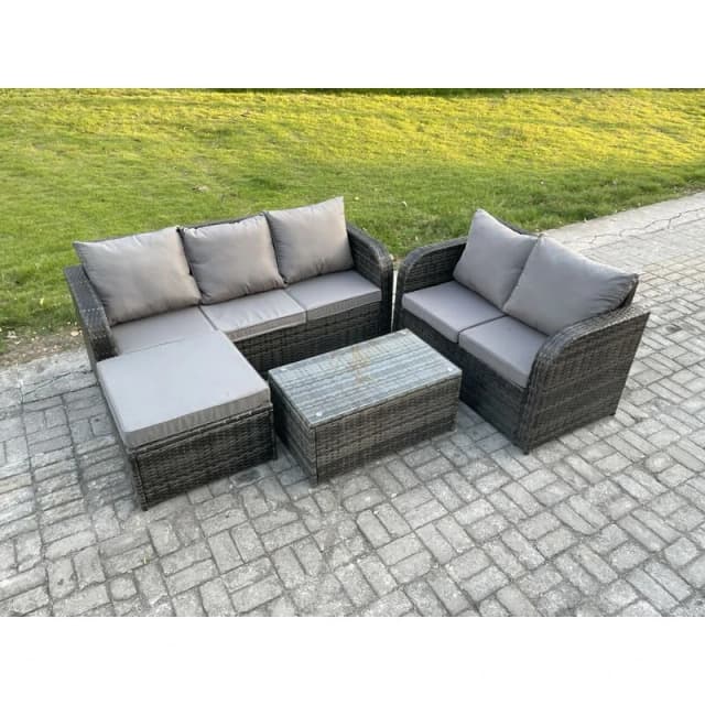 Fimous 6 Seater Rattan Wicker Garden Furniture Patio Conservatory Sofa Set with Rectangular Coffee Table 3 Seater Sofa Love Sofa Big Footstool Dark Gr