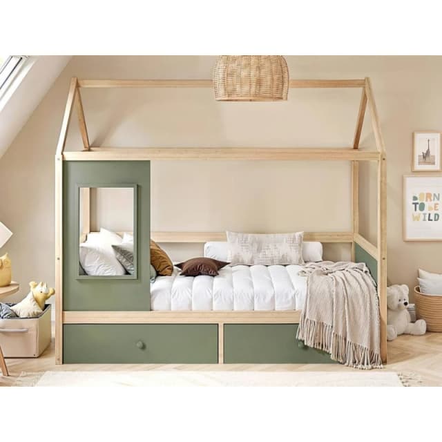 Flair Ted Play House Wooden Bed with Storage in Green Size: Single Green Unisex Single