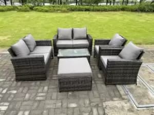 Fimous 6 Seater Outdoor Dark Grey Rattan Lounge Complete Sofa Set with Rectangular Coffee Table and Big Footstool