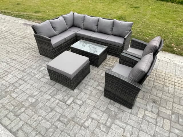 Fimous 9 Seater Rattan Garden Furniture Sets High Back Corner Sofa Rectangular Coffee Table Set with Big Footstool 2 Armchairs Dark Grey Mixed Dark Gr