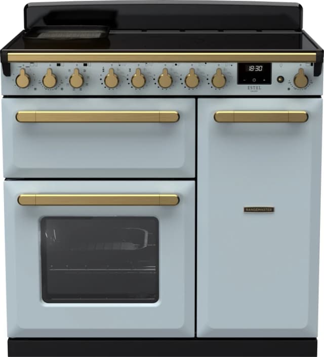 Rangemaster Estel Deluxe ESDL90EIPMSB/AB1 90cm Electric Range Cooker with Induction Hob - Misty Blue / Antique Brass - A/A Rated