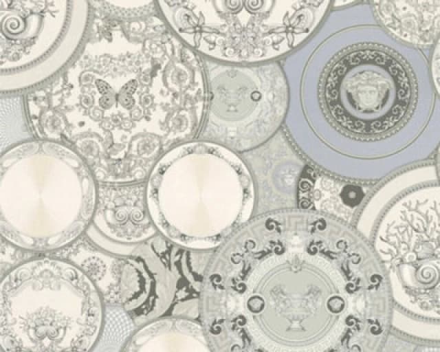 As Creation Versace Greek Grey White Metallic Plates Wallpaper 349013