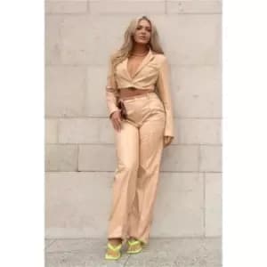 I Saw It First Stone Faux Leather Pintuck Straight Leg Trousers - Brown