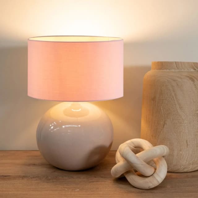 ValueLights Bosco Natural Stone Globe Ceramic Table Lamp with Fabric Lamp Shade Pink