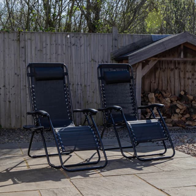 Set of 2 Black Multi Position Textoline Zero Gravity Garden Relaxer Chair Lounger