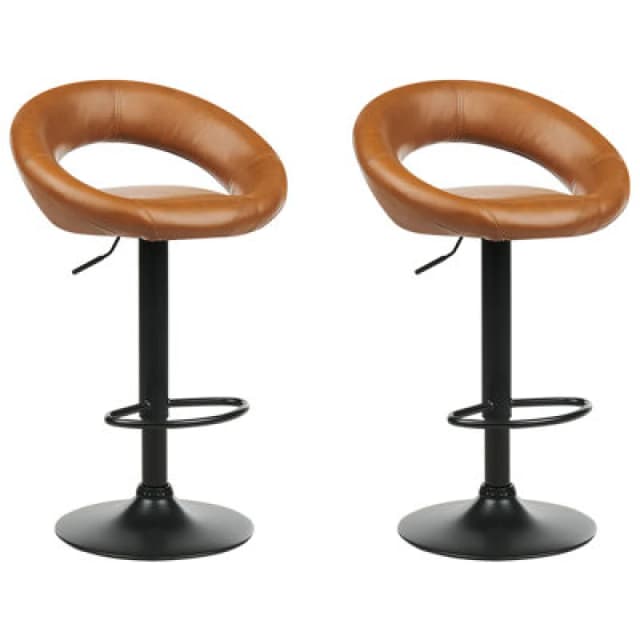 Beliani Set Of 2 Bar Chairs Peoria Faux Leather Swivel Golden Brown