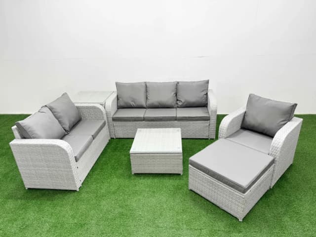 FIMOUS Fimous - Patio pe Wicker 7 Seater Outdoor Rattan Furniture Sofa Sets with Square Coffee Table Reclining Chair Loveseat Sofa 3 Seater Sofa Big 4