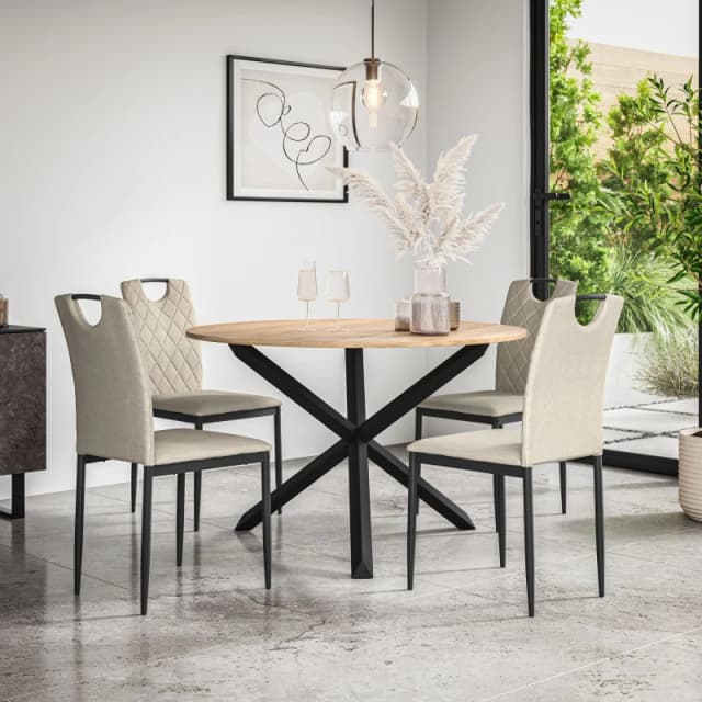 More4Homes Malvern Round Dining Table And Chairs - Oak Table Top W Solid Oak Black Legs + Monza Fabric Dining Chair Set Of 4 (Beige)