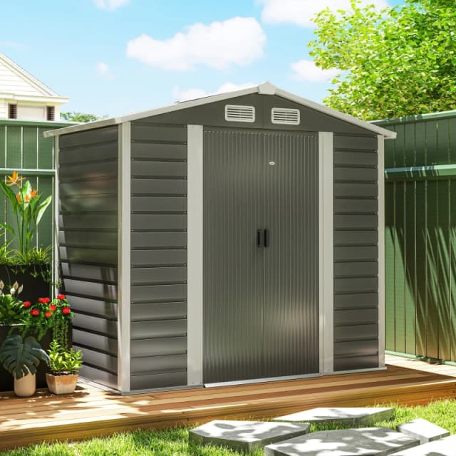 Outsunny Outsunny 7 x 4ft Metal Garden Shed with Double Doors and Gloves, Dark Grey Dark Grey