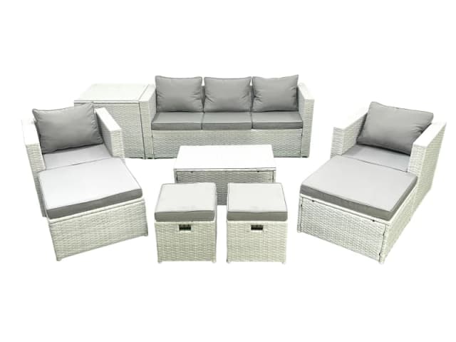 Fimous 9 Pieces Rattan Garden Furniture Set Outdoor Garden Sofa Chair Coffee Table Set with Side Table 4 Footstools Light Grey Mixed Light Grey