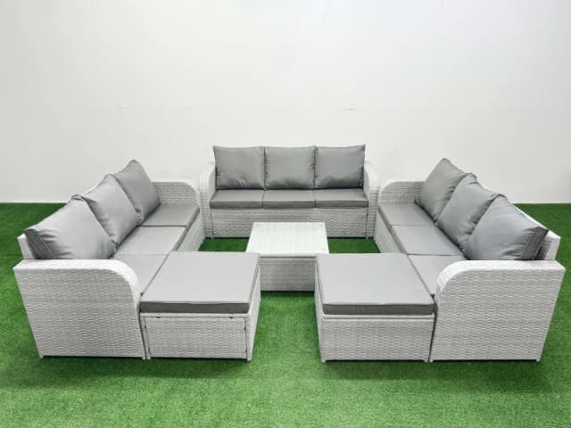 Fimous PE Rattan Lounge Sofa Set 11 Seater Outdoor Garden Furniture Set with Square Coffee Table 3 Seater Sofa 2 Big Footstools Light Grey Light Grey