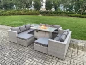 Fimous 9 Seater Outdoor Light Grey Rattan Lounge Complete Sofa Set with Gas Fire Pit, Heater and 2 Big Footstool