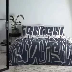 Fusion - Aria Contemporary Print Easy Care Reversible Duvet Cover Set, Navy, King