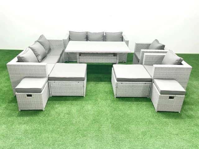 Fimous Rattan Garden Furniture Dining Set 12 Seater Lounge Sofa Chair Dining Table Set with 4 Footstools Light Grey Mixed Light Grey