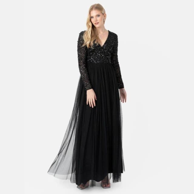 Maya Deluxe Maya Faux Wrap Front Embellished Maxi Dress Black female 6 (2XS)