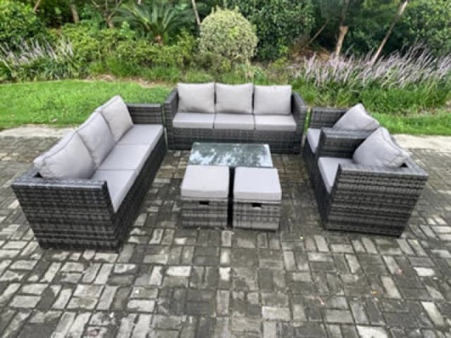 Fimous Wicker PE Rattan Sofa Set Outdoor Patio Garden Furniture with 2 Armchairs Oblong Coffee Table 2 Small Footstools Dark Grey