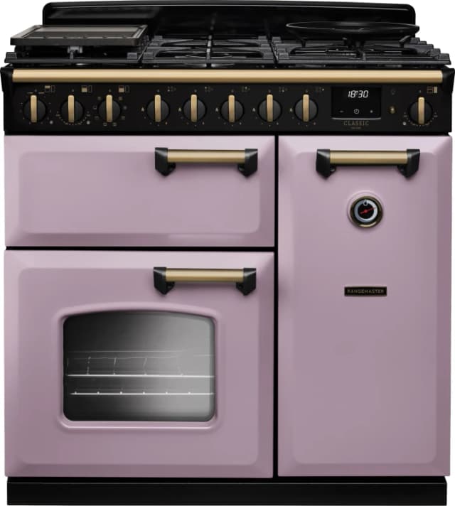 Rangemaster Classic Deluxe 90 CLDL90DFPHTH/AB1 90cm wide Dual Fuel Range Cooker with Gas Hob - Heather / Chrome - A Rated