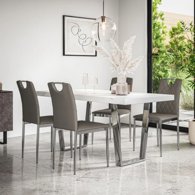 More4Homes Aria Dining Table And Chairs - White Marble Effect Top W Chrome Legs + 6 Monza Faux Leather Dining Chairs W Chrome Legs (Grey)