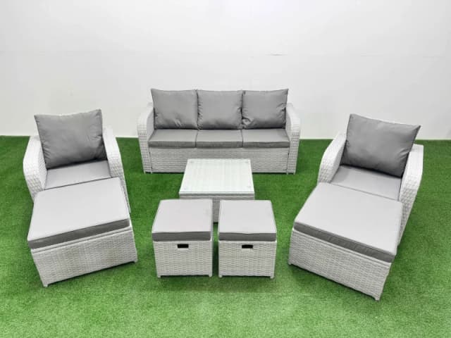 Fimous PE Rattan Lounge Sofa Set with Coffee Table 3 Seater Sofa 4 Footstools in Light Grey Light Grey Unisex