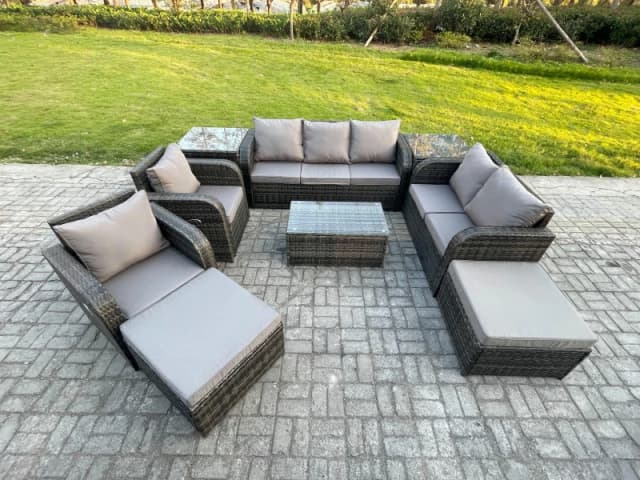 Fimous Patio Garden Furniture Sets Wicker 9 Seater Outdoor Rattan Furniture Sofa Sets with Rectangular Coffee Table Reclining Chair Dark Grey