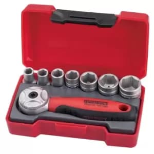 Teng Tools T1408 1/4" Drive Stubby 72 Teeth Mini Ratchet & 6pt Socket Set 8pc