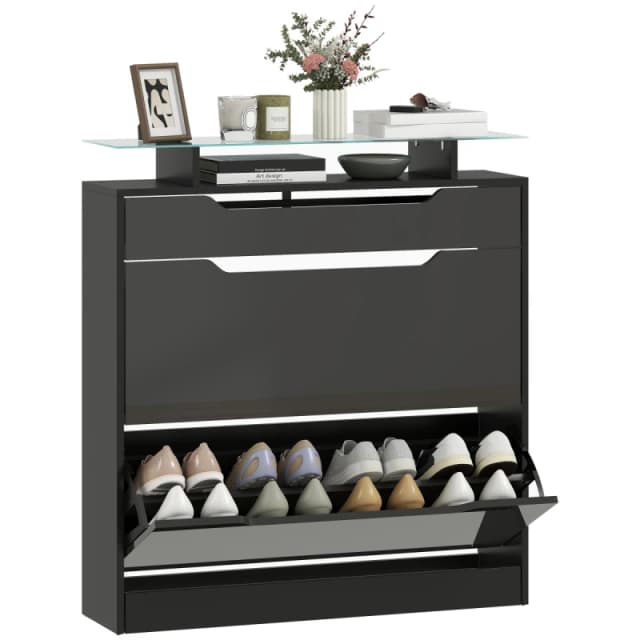 HOMCOM HOMCOM Shoe Cabinet with 3 Drawers, High Gloss Front Panels, Glass Top Black One Size Unisex 5063603059047