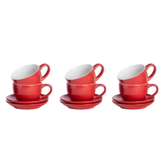Argon Tableware 12Pc Coloured Cappuccino Cup & Saucer Set - 250ml - Red - Durable Stoneware Coffee Tea Cup Dishwasher