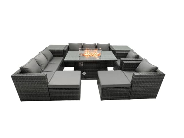 Fimous Rattan Garden Furniture Firepit Dining Set 10 Seater Lounge Sofa Table Set with 2 side table 2 big Footstool Dark Grey