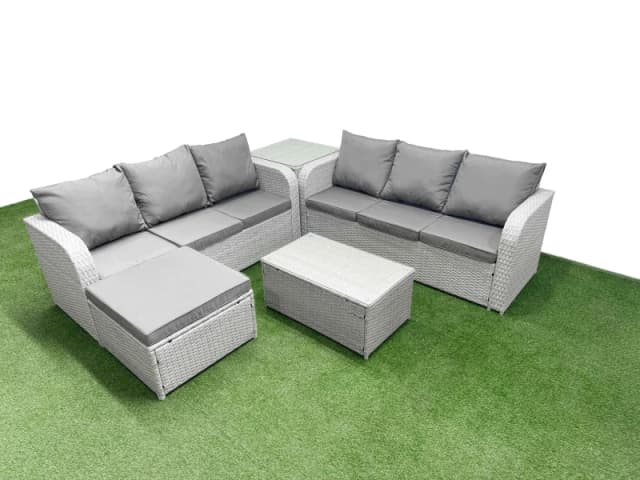Fimous Outdoor Garden Furniture Sets 7 Seater Wicker Rattan Furniture Sofa Sets with Rectangular Coffee Table high Back Lounge Sofa Big Footstool Side