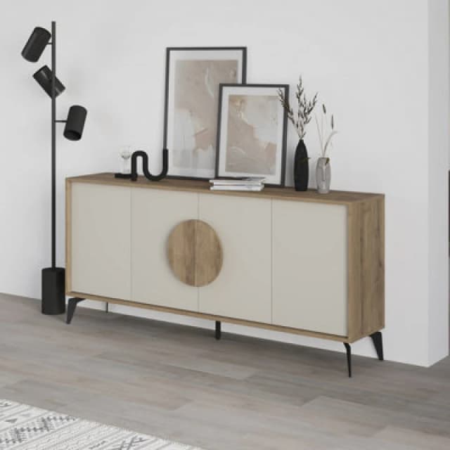 Decortie Sideboard Console 180Cm 35.6X180X82Cm 4 Particleboard Dark Oak Effect, Sandstone, Multi 8683628021231