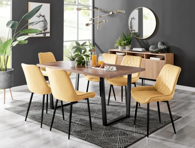 FurnitureboxUK FurnitureboxUK Kylo Large Brown Wood Effect Dining Table & 6 Pesaro Velvet Black Leg Chairs in Mustard Mustard One Size Unisex 50565426