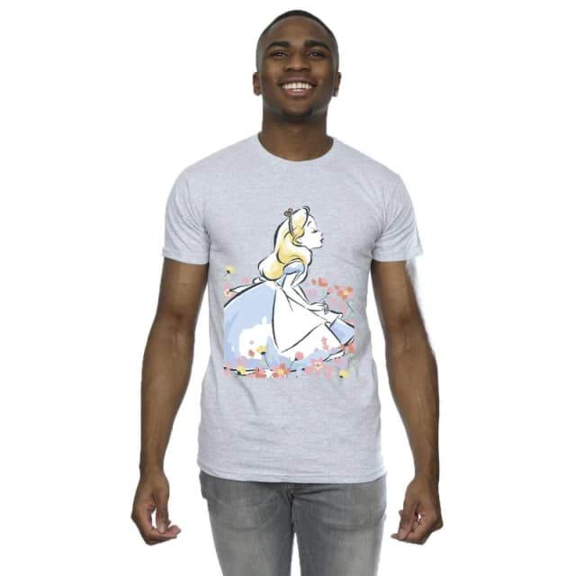 Disney Men Alice In Wonderland Sketch Flowers T-Shirt in Grey Size: Small Grey S Male 5063283630178
