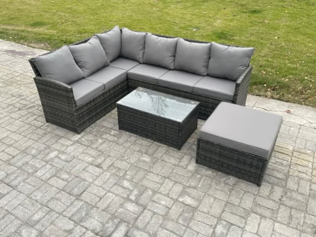Fimous 7 Seater Rattan Lounge Corner Sofa Set Wicker PE Outdoor Garden Furniture Set with Coffee Table Big Footstool Dark Grey